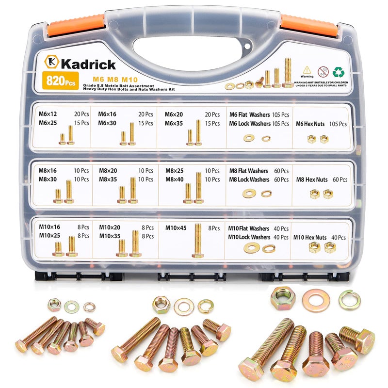 Kadrick 820Pcs Grade 8.8 Metric Bolt Assortment, M6 M8 M10 Hex Heavy Duty Bolts and Nuts Kit,M6 x1.0 M8 x1.25 M10-1.5 (12mm to 45mm),Yellow Zinc Plated - Image 1